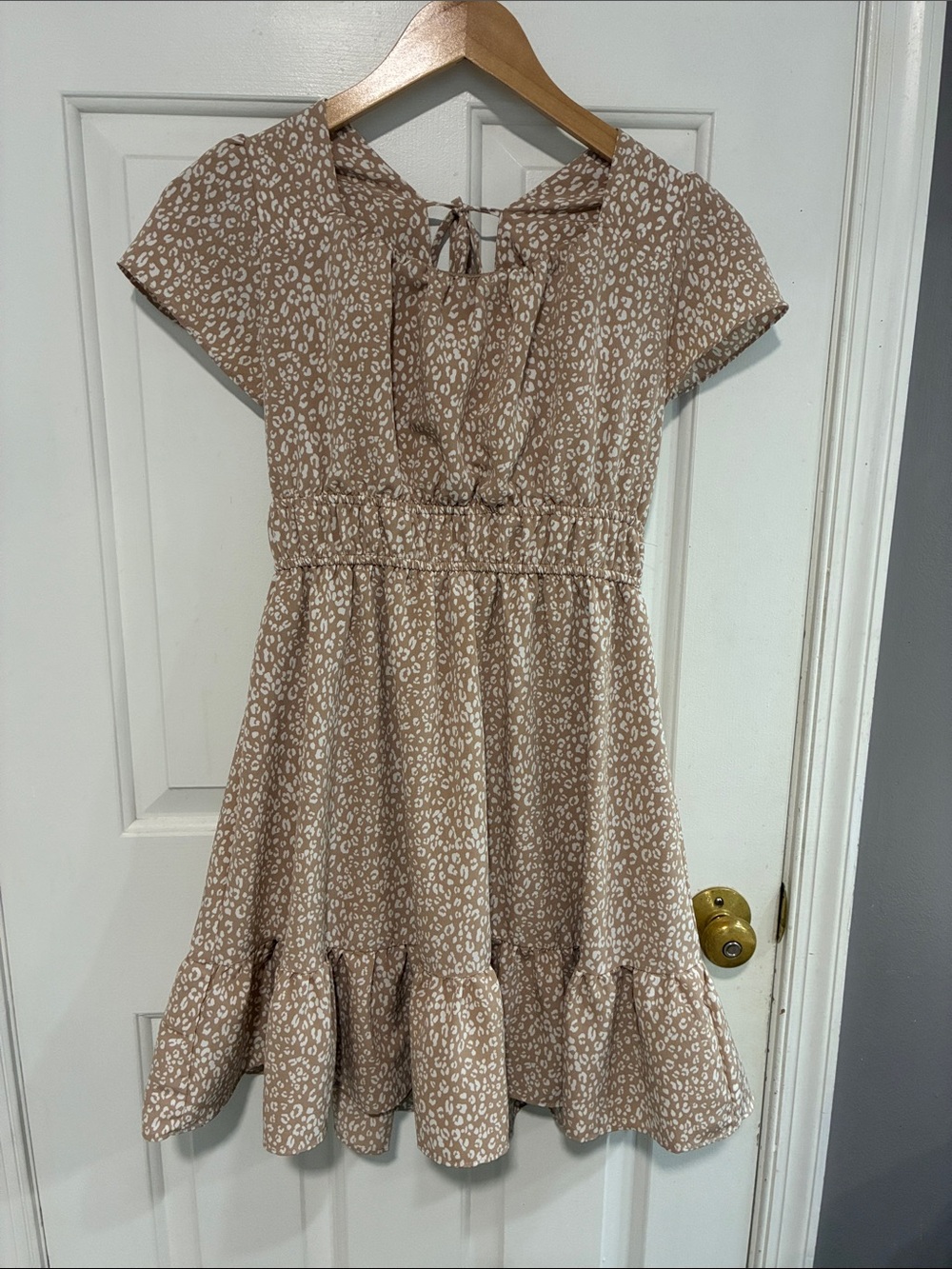 Altar'd State Beige Leopard-Print Ruffle-Hem Midi Dress